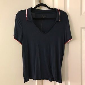 navy, red, & white polo top !
